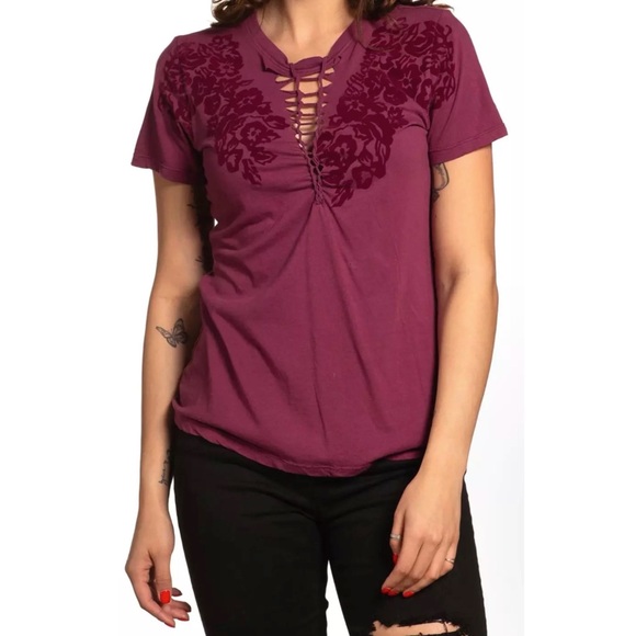 Affliction Women's T-Shirt FLORETTA PINK Cross Biker Wings - Picture 1 of 5